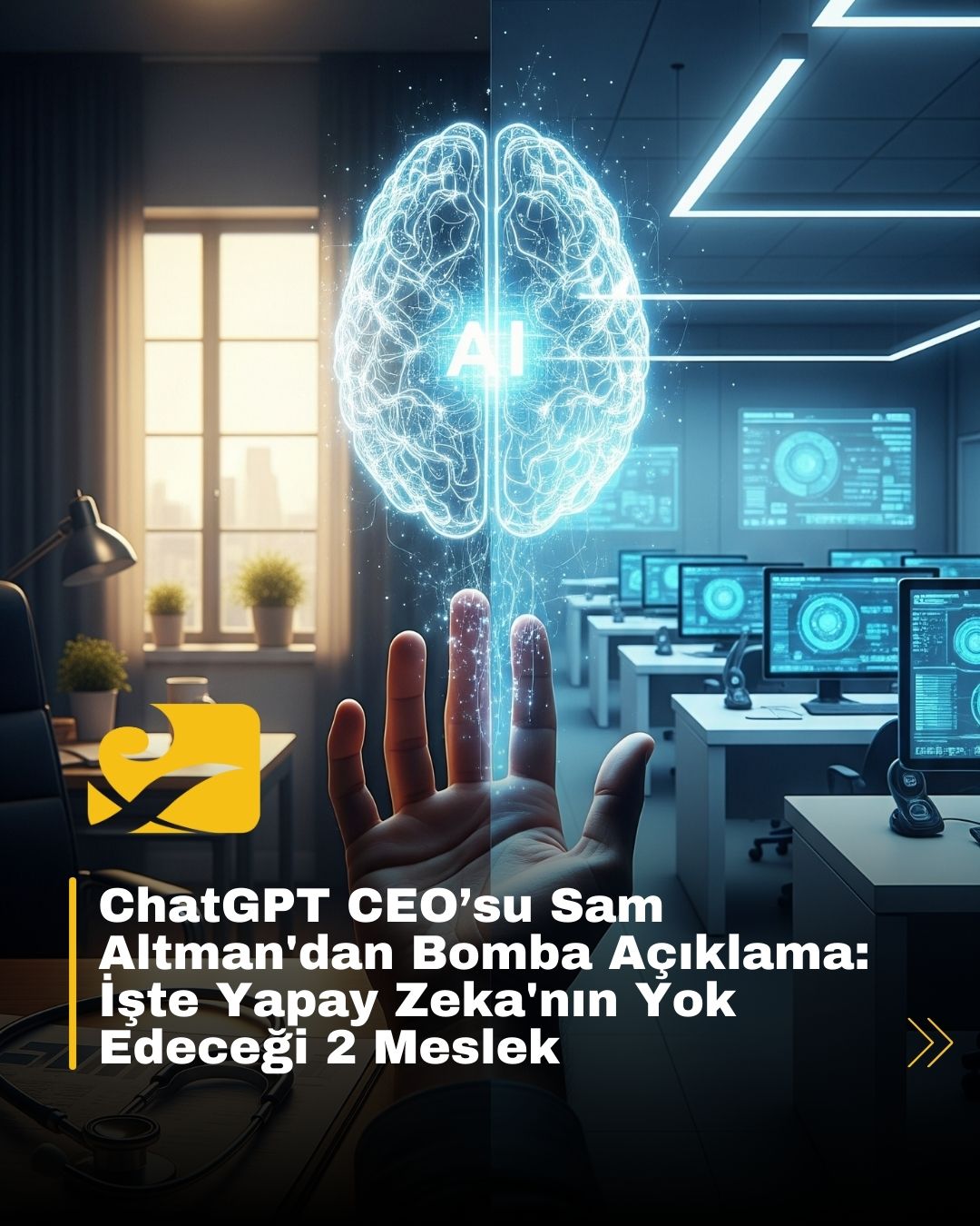 Yapay zekanın sağlık teşhisi ve müşteri hizmetleri sektörlerindeki meslekler üzerindeki etkisini gösteren fütüristik bir görsel. İş gücü dönüşümü ve otomasyonu simgeliyor.