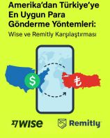 : Amerika’dan Türkiye’ye para göndermenin en uygun yollarını gösteren dijital illüstrasyon – Wise ve Remitly logosu, dolar ve TL simgeleriyle