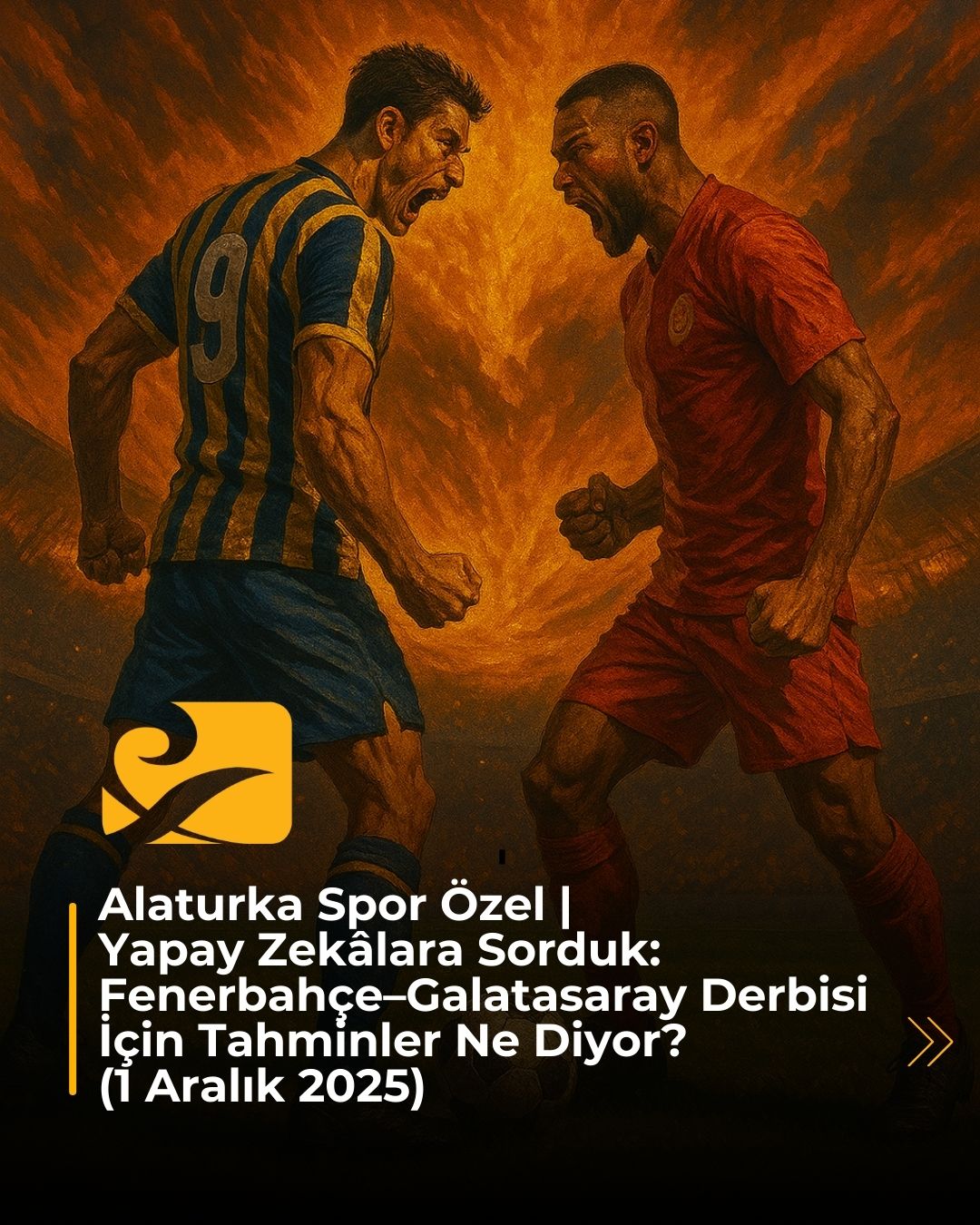 1 Aralık 2025 Fenerbahçe–Galatasaray derbisi için yapay zekâ tahminlerini anlatan sembolik spor görseli