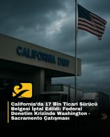 California DMV binasının önünde durdurulan tırlar ve Amerikan bayrağıyla federal denetimi simgeleyen dramatik sahne
