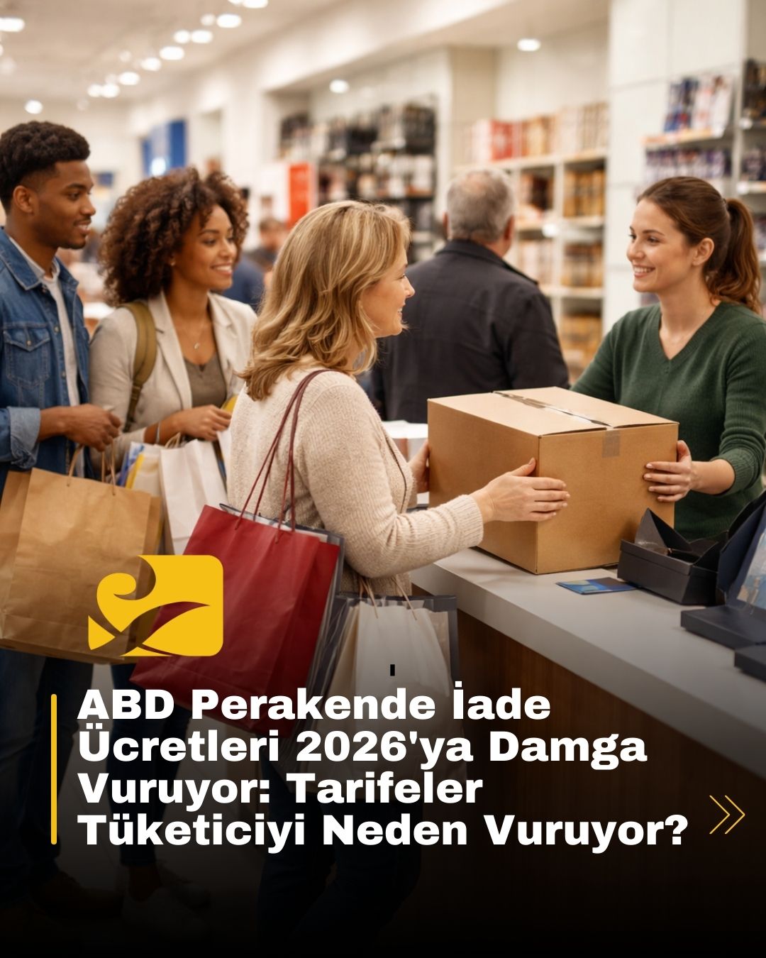 ABD perakende iade ücretlerini anlatan, mağaza iade bankosunda işlem yapan tüketiciler